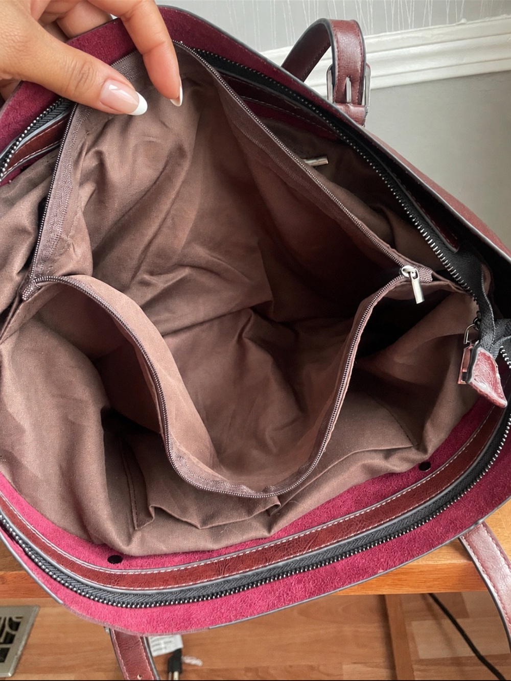 Burgundy Faux Leather Tote Bag Large Shoulder Bag - Picture 9 of 10
